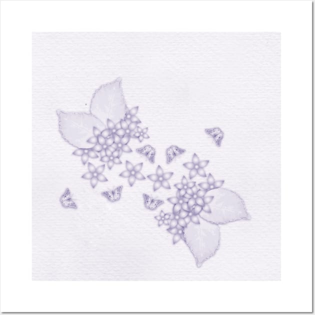 Violet butterflies and flowers on textured background Wall Art by hereswendy